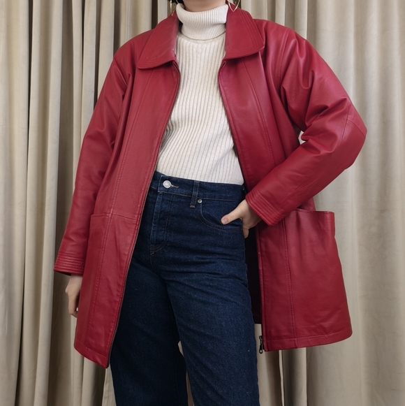 Venezia Jackets & Blazers - Vintage Venezia Red Genuine Leather Jacket Trench